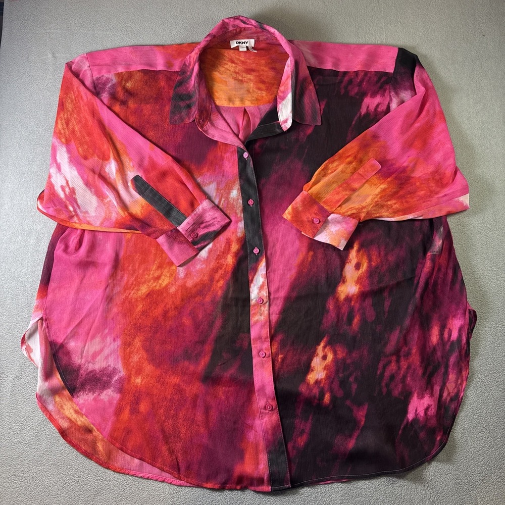 DKNY Womens Multicolor Printed Long Sleeve Collared Button-Up Shirt Sz 2X